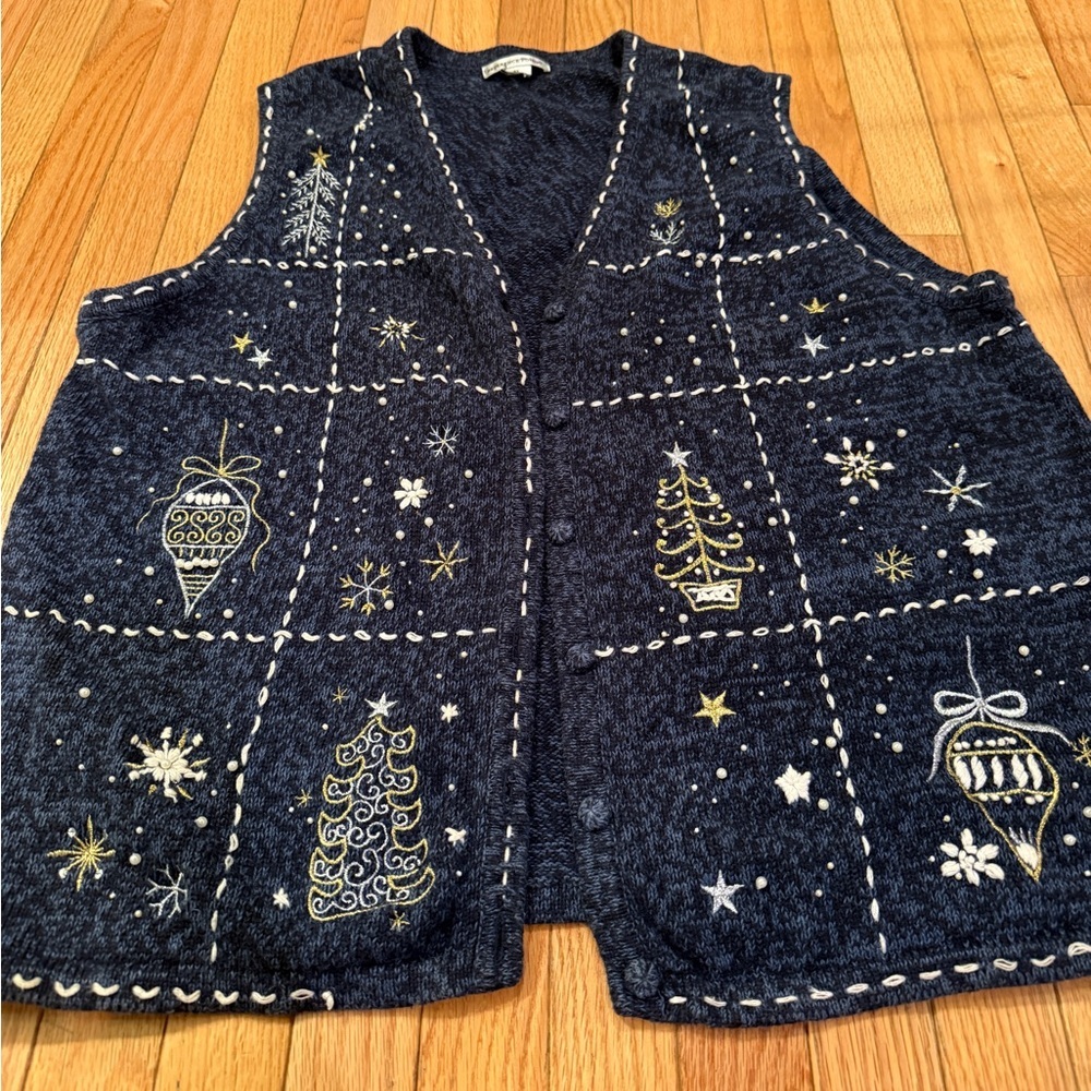 Festive Blue Knit Vest with Holiday Christmas Tree Beading Patterns